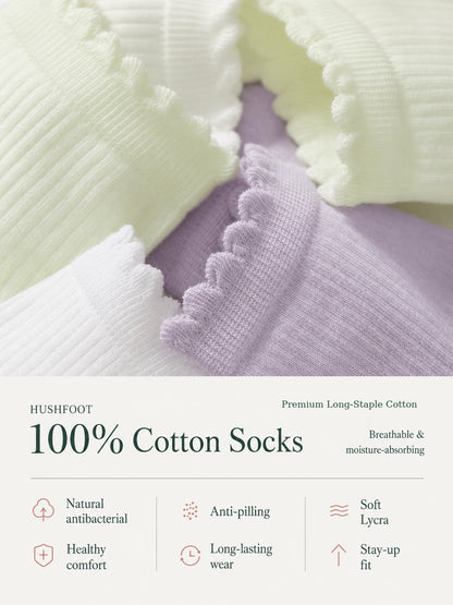 HUSHFOOT Women's Frill Trim Cotton Ankle Socks with Ribbed Knit — English product image 5 (SKU 4224)