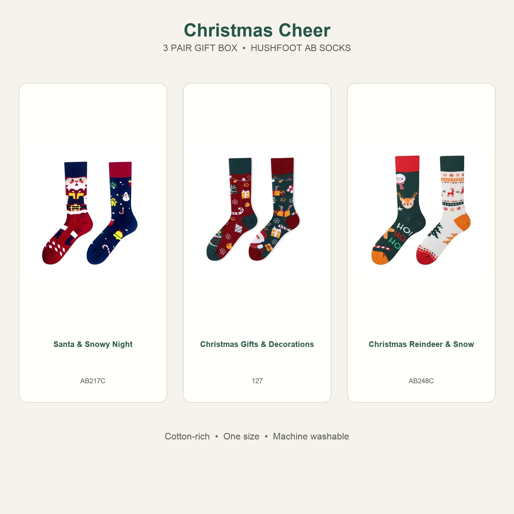 HUSHFOOT Christmas Cheer AB Socks 3 Pair Gift Box featuring Santa & Snowy Night, Christmas Gifts & Decorations, Christmas Reindeer & Snow