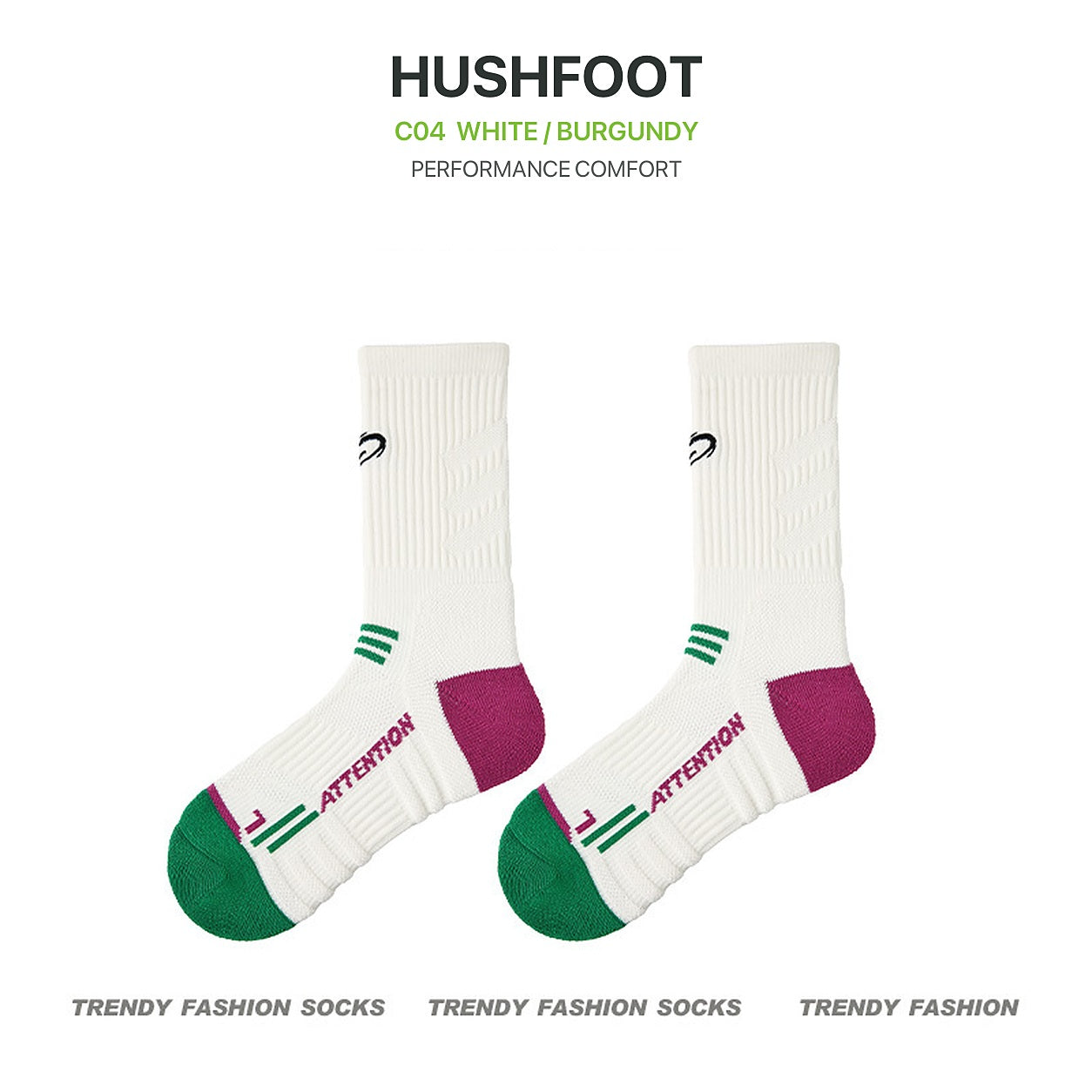 HUSHFOOT cushioned grip badminton sports socks in White / Burgundy