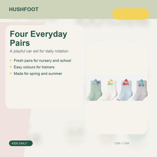 HUSHFOOT kids cotton mesh car socks - Four Everyday Pairs